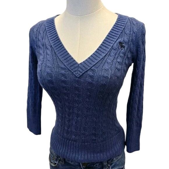 Vtg Abercrombie & Fitch Y2K Cable-knit Sweater Sz XL Vneck Preppy Academia Blue - Picture 3 of 8